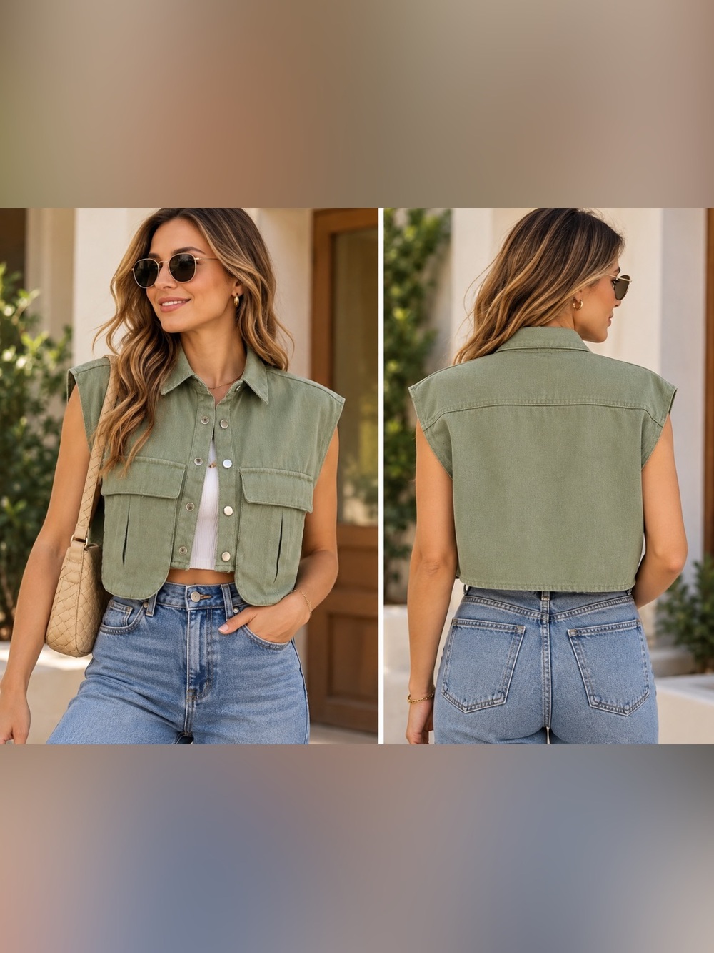 NWOT! Source Unknown Cropped Utility Vest in Sage Green